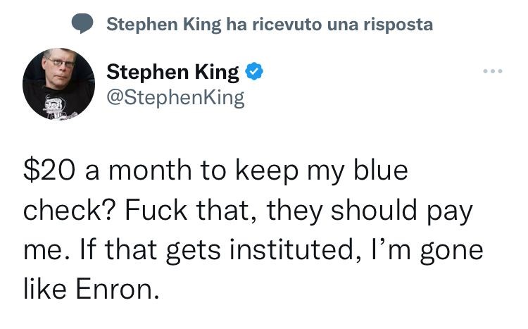 Twitter costerà 8 dollari al mese, e Stephen King&nbsp;protesta